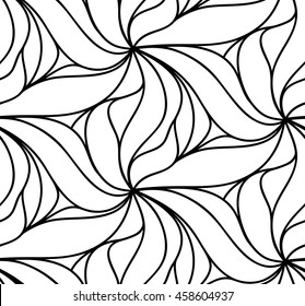 Abstract vector seamless floral background of doodle hand drawn lines. Monochrome wave pattern. Coloring book page. Black white wallpaper.