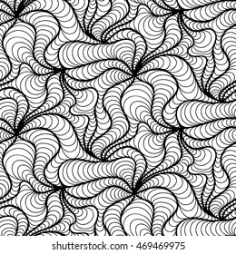 Abstract vector seamless floral background of doodle hand drawn lines. Monochrome wave pattern. Coloring book page. Black white wallpaper.