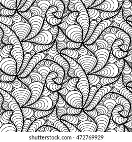 Abstract vector seamless floral background of doodle hand drawn lines. Monochrome wave pattern. Coloring book page. Black white wallpaper.