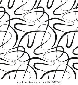 Abstract vector seamless floral background of doodle hand drawn lines. Monochrome wave pattern. Black white wallpaper.