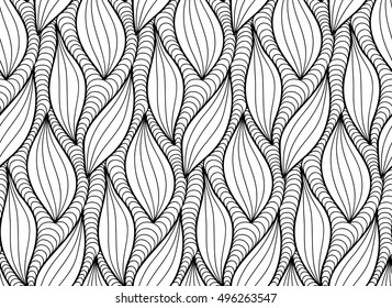 Abstract vector seamless floral background of doodle hand drawn lines. Monochrome wave pattern. Coloring book page. Black white wallpaper.