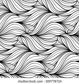 Abstract vector seamless floral background of doodle hand drawn lines. Monochrome wave pattern. Coloring book page. Black white wallpaper.