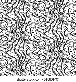 Abstract vector seamless floral background of doodle hand drawn lines. Monochrome wave pattern. Coloring book page. Black white wallpaper.