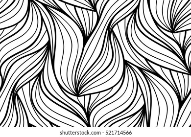 Abstract vector seamless floral background of doodle hand drawn lines. Monochrome wave pattern. Coloring book page. Black white wallpaper.