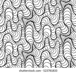 Abstract vector seamless floral background of doodle hand drawn lines. Monochrome wave pattern. Coloring book page. Black white wallpaper.