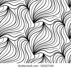 Abstract vector seamless floral background of doodle hand drawn lines. Monochrome wave pattern. Coloring book page. Black white wallpaper.