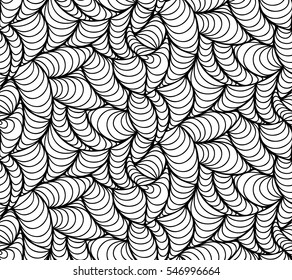 Abstract vector seamless floral background of doodle hand drawn lines. Monochrome wave pattern. Coloring book page. Black white wallpaper.