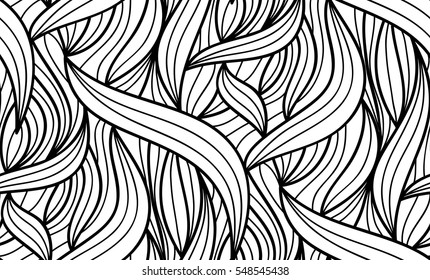 Abstract vector seamless floral background of doodle hand drawn lines. Monochrome wave pattern. Coloring book page. Black white wallpaper.