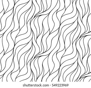 Abstract vector seamless floral background of doodle hand drawn lines. Monochrome wave pattern. Coloring book page. Black white wallpaper.