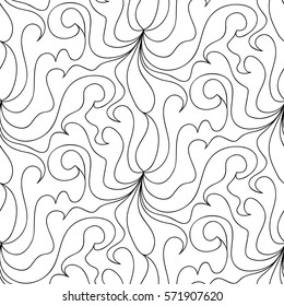 Abstract vector seamless floral background of doodle hand drawn lines. Monochrome wave pattern. Coloring book page. Black white wallpaper.