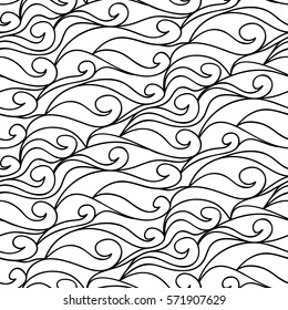 Abstract vector seamless floral background of doodle hand drawn lines. Monochrome wave pattern. Coloring book page. Black white wallpaper.