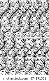 Abstract vector seamless floral background of doodle hand drawn lines. Monochrome wave pattern. Coloring book page. Black white wallpaper.