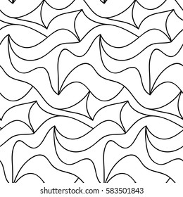Abstract vector seamless floral background of doodle hand drawn lines. Monochrome wave pattern. Coloring book page. Black white wallpaper.