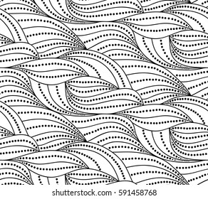 Abstract vector seamless floral background of doodle hand drawn lines. Monochrome wave pattern. Coloring book page. Black white wallpaper.