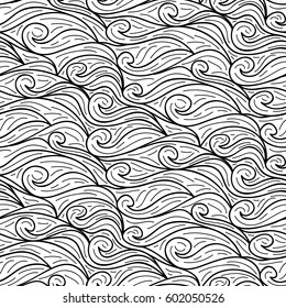 Abstract vector seamless floral background of doodle hand drawn lines. Monochrome wave pattern. Coloring book page. Black white wallpaper.