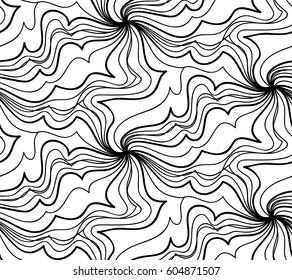 Abstract vector seamless floral background of doodle hand drawn lines. Monochrome wave pattern. Coloring book page. Black white wallpaper.