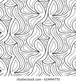 Abstract vector seamless floral background of doodle hand drawn lines. Monochrome wave pattern. Coloring book page. Black white wallpaper.