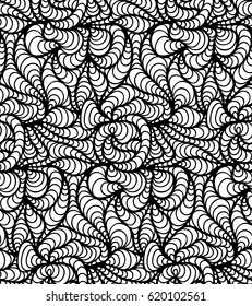 Abstract vector seamless floral background of doodle hand drawn lines. Monochrome wave pattern. Coloring book page. Black white wallpaper.