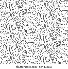 Abstract vector seamless floral background of doodle hand drawn lines. Monochrome wave pattern. Coloring book page. Black white wallpaper.