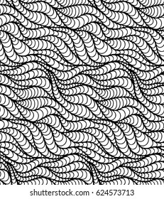 Abstract vector seamless floral background of doodle hand drawn lines. Monochrome wave pattern. Coloring book page. Black white wallpaper.