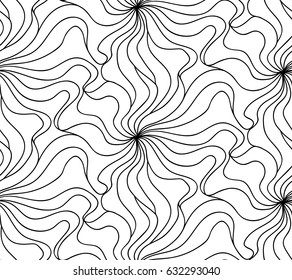 Abstract vector seamless floral background of doodle hand drawn lines. Monochrome wave pattern. Coloring book page. Black white wallpaper.