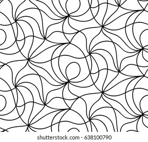 Abstract vector seamless floral background of doodle hand drawn lines. Monochrome wave pattern. Coloring book page. Black white wallpaper.