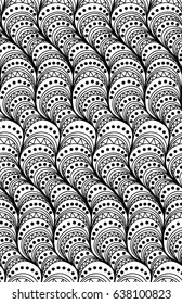 Abstract vector seamless floral background of doodle hand drawn lines. Monochrome wave pattern. Coloring book page. Black white wallpaper.