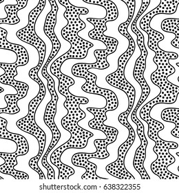 Abstract vector seamless floral background of doodle hand drawn lines. Monochrome wave pattern. Coloring book page. Black white wallpaper.