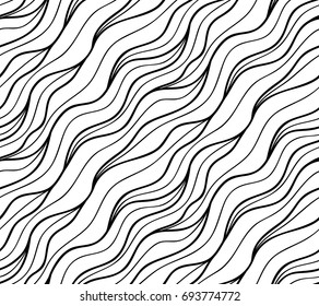 Abstract vector seamless floral background of doodle hand drawn lines. Monochrome wave pattern. Coloring book page. Black white wallpaper.