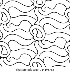 Abstract vector seamless floral background of doodle hand drawn lines. Monochrome wave pattern. Coloring book page. Black white wallpaper.