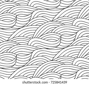 Abstract vector seamless floral background of doodle hand drawn lines. Monochrome wave pattern. Coloring book page. Black white wallpaper.