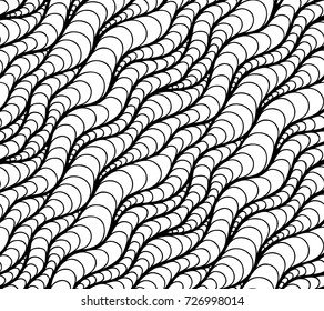 Abstract vector seamless floral background of doodle hand drawn lines. Monochrome wave pattern. Coloring book page. Black white wallpaper.