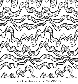 Abstract vector seamless floral background of doodle hand drawn lines. Monochrome wave pattern. Coloring book page. Black white wallpaper.