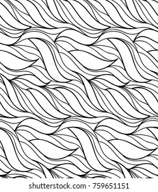 Abstract vector seamless floral background of doodle hand drawn lines. Monochrome wave pattern. Coloring book page. Black white wallpaper.