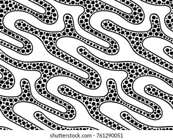 Abstract vector seamless floral background of doodle hand drawn lines. Monochrome wave pattern. Coloring book page. Black white wallpaper.
