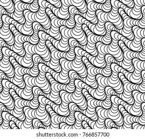 Abstract vector seamless floral background of doodle hand drawn lines. Monochrome wave pattern. Coloring book page. Black white wallpaper.