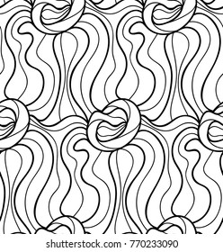 Abstract vector seamless floral background of doodle hand drawn lines. Monochrome wave pattern. Coloring book page. Black white wallpaper.