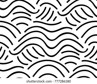 Abstract vector seamless floral background of doodle hand drawn lines. Monochrome wave pattern. Coloring book page. Black white wallpaper.