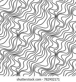 Abstract vector seamless floral background of doodle hand drawn lines. Monochrome wave pattern. Coloring book page. Black white wallpaper.