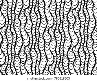 Abstract vector seamless floral background of doodle hand drawn lines. Monochrome wave pattern. Coloring book page. Black white wallpaper.