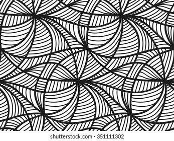 Abstract vector seamless floral black white background of hand drawn lines