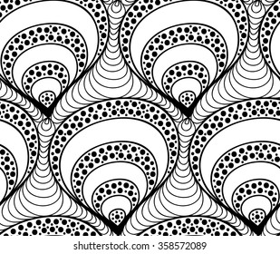 Abstract vector seamless floral black white background of doodle hand drawn lines