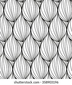 Abstract vector seamless floral black white background of hand drawn lines