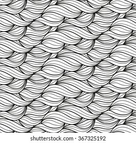 Abstract vector seamless floral black white background of doodle hand drawn lines