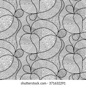Abstract vector seamless floral black white background of doodle hand drawn lines. Monochrome pattern. Coloring book page