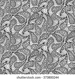 Abstract vector seamless floral black white background of doodle hand drawn lines. Monochrome pattern. Coloring book page