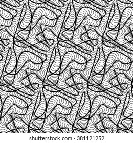 Abstract vector seamless floral black white background of doodle hand drawn lines. Monochrome pattern. Coloring book page