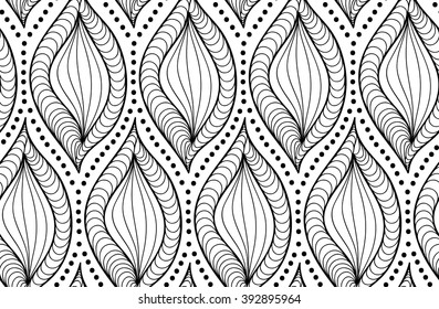 Abstract vector seamless floral black white background of doodle hand drawn lines. Monochrome pattern. Coloring book page