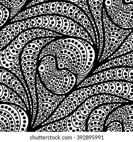 Abstract vector seamless floral black white background of doodle hand drawn lines. Monochrome pattern. Coloring book page