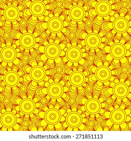 Abstract vector seamless floral colorful yellow background of red drawn lines